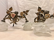 Load image into Gallery viewer, OMG Antique Pair Wall Light Sconces Bronze Angel Cherub 1900 Porcelain Flowers
