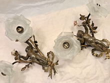 Load image into Gallery viewer, OMG Antique Pair Wall Light Sconces Bronze Angel Cherub 1900 Porcelain Flowers
