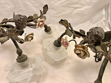 Load image into Gallery viewer, OMG Antique Pair Wall Light Sconces Bronze Angel Cherub 1900 Porcelain Flowers
