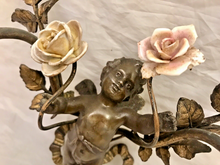 Load image into Gallery viewer, OMG Antique Pair Wall Light Sconces Bronze Angel Cherub 1900 Porcelain Flowers
