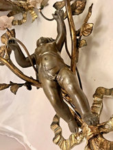 Load image into Gallery viewer, OMG Antique Pair Wall Light Sconces Bronze Angel Cherub 1900 Porcelain Flowers
