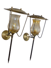 Load image into Gallery viewer, Vintage French Pair Brass Torch Wall Lights sconce Glass Lamp Pearly Shade 70&#39;s
