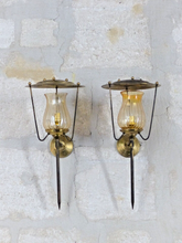 Load image into Gallery viewer, Vintage French Pair Brass Torch Wall Lights sconce Glass Lamp Pearly Shade 70&#39;s
