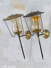 Load image into Gallery viewer, Vintage French Pair Brass Torch Wall Lights sconce Glass Lamp Pearly Shade 70&#39;s
