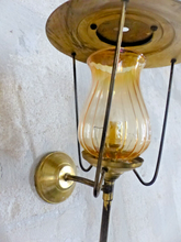 Load image into Gallery viewer, Vintage French Pair Brass Torch Wall Lights sconce Glass Lamp Pearly Shade 70&#39;s
