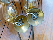 Load image into Gallery viewer, Vintage French Pair Brass Torch Wall Lights sconce Glass Lamp Pearly Shade 70&#39;s
