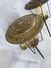 Load image into Gallery viewer, Vintage French Pair Brass Torch Wall Lights sconce Glass Lamp Pearly Shade 70&#39;s
