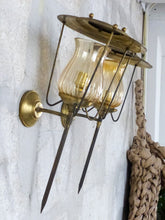 Load image into Gallery viewer, Vintage French Pair Brass Torch Wall Lights sconce Glass Lamp Pearly Shade 70&#39;s
