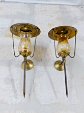 Load image into Gallery viewer, Vintage French Pair Brass Torch Wall Lights sconce Glass Lamp Pearly Shade 70&#39;s
