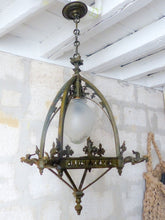 Load image into Gallery viewer, Gorgeous French Sanctuary Bronze Gothic Lantern Chandelier Ceiling Chimera 19TH
