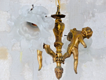 Load image into Gallery viewer, Vintage French 2 Arms Ormolu Bronze &amp; Glass Chandelier Ceiling Cherub Putti
