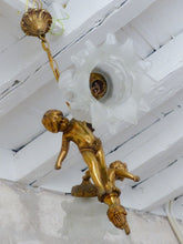 Load image into Gallery viewer, Vintage French 2 Arms Ormolu Bronze &amp; Glass Chandelier Ceiling Cherub Putti
