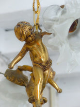 Load image into Gallery viewer, Vintage French 2 Arms Ormolu Bronze &amp; Glass Chandelier Ceiling Cherub Putti
