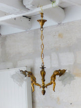 Load image into Gallery viewer, Vintage French 2 Arms Ormolu Bronze &amp; Glass Chandelier Ceiling Cherub Putti
