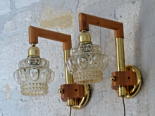 Load image into Gallery viewer, Vintage RARE Pair Wall Lights Helena Tynell LIMBURG Pine &amp; Glass Lamp 1960
