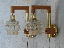 Load image into Gallery viewer, Vintage RARE Pair Wall Lights Helena Tynell LIMBURG Pine &amp; Glass Lamp 1960
