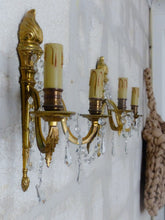 Load image into Gallery viewer, Antique PAIR French Empire Wall Light Sconce 2 Lights Torch Gilded Bronze 1950
