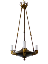 Load image into Gallery viewer, Antique French 3 Arms Ormolu Bronze Brass Tole Chandelier Ceiling Empire 1900
