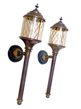 Load image into Gallery viewer, Antique Empire Style French Pair Brass Torch Wall Lights sconce Glass Lamp 1930
