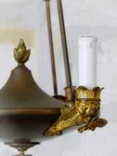 Load image into Gallery viewer, Antique French 3 Arms Ormolu Bronze Brass Tole Chandelier Ceiling Empire 1900
