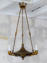 Load image into Gallery viewer, Antique French 3 Arms Ormolu Bronze Brass Tole Chandelier Ceiling Empire 1900

