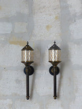 Load image into Gallery viewer, Antique Empire Style French Pair Brass Torch Wall Lights sconce Glass Lamp 1930
