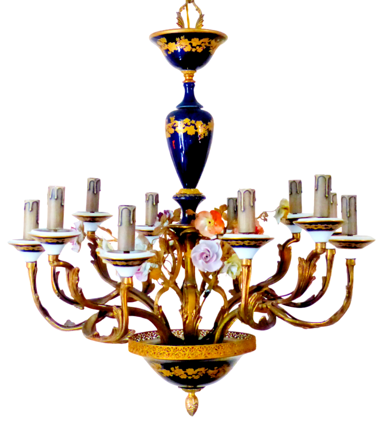 XL SEVRES French Mid-Century Bronze 12 Fires Chandelier Cobalt Porcelain Flowers