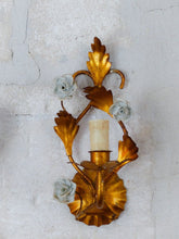 Load image into Gallery viewer, Gorgeous Vintage Italian Pair Wall Light Sconces Gilded Tole Porcelain Flowers
