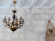 Load image into Gallery viewer, XL SEVRES French Mid-Century Bronze 12 Fires Chandelier Cobalt Porcelain Flowers
