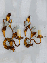 Load image into Gallery viewer, Gorgeous Vintage Italian Pair Wall Light Sconces Gilded Tole Porcelain Flowers
