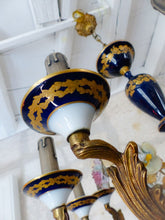 Load image into Gallery viewer, XL SEVRES French Mid-Century Bronze 12 Fires Chandelier Cobalt Porcelain Flowers
