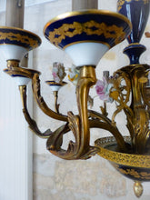 Load image into Gallery viewer, XL SEVRES French Mid-Century Bronze 12 Fires Chandelier Cobalt Porcelain Flowers
