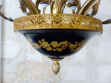 Load image into Gallery viewer, XL SEVRES French Mid-Century Bronze 12 Fires Chandelier Cobalt Porcelain Flowers
