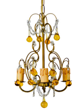 Load image into Gallery viewer, Vintage Chandelier Amber Glass Drops Prisms Beads 1930 Italian Ceiling 4 Lights
