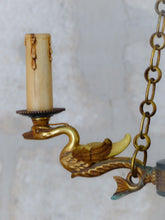 Load image into Gallery viewer, 1950 Vintage French 3 Swans Arms Ormolu Bronze Brass Chandelier Ceiling Empire
