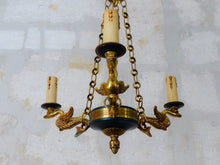 Load image into Gallery viewer, 1950 Vintage French 3 Swans Arms Ormolu Bronze Brass Chandelier Ceiling Empire
