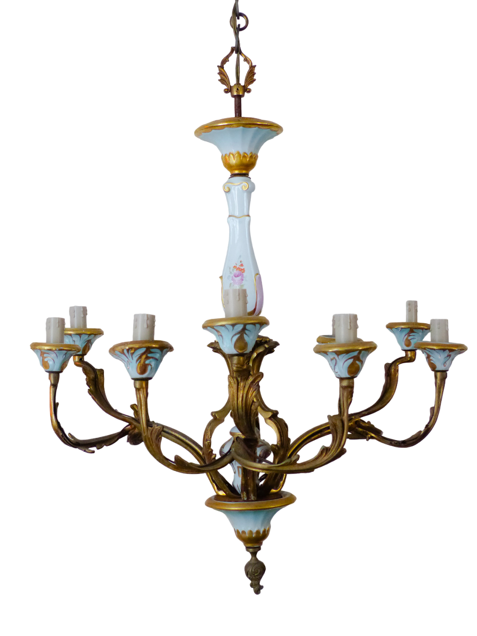 SEVRES French Mid-Century Bronze 9 Fires Chandelier Gilded Porcelain - Louis XV