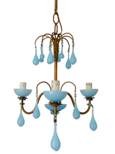 Load image into Gallery viewer, Antique Chandelier Aqua Blue Opaline Drops cup beads 1930 Murano Rare 3 lights
