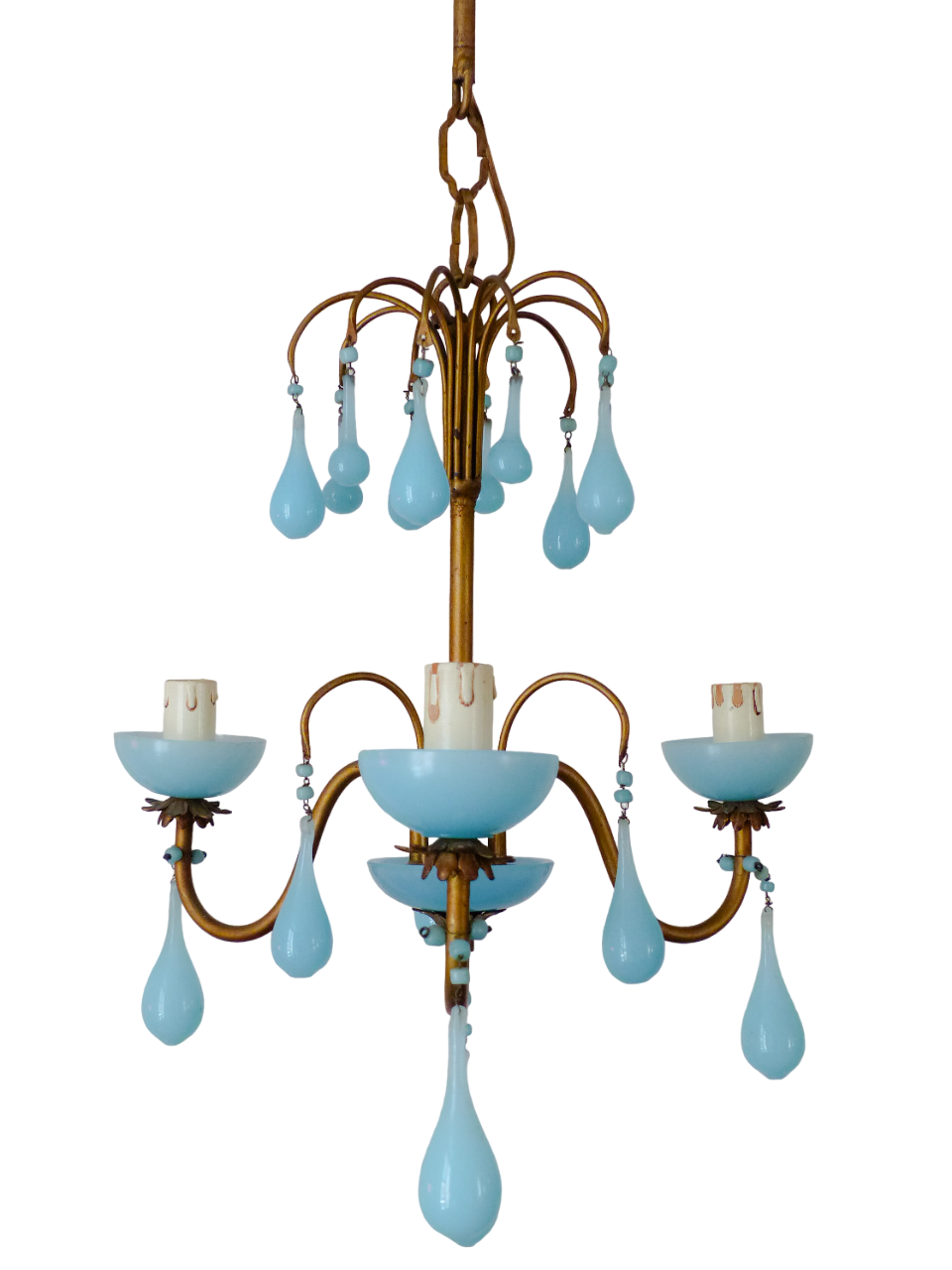 Antique Chandelier Aqua Blue Opaline Drops cup beads 1930 Murano Rare 3 lights