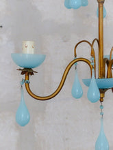 Load image into Gallery viewer, Antique Chandelier Aqua Blue Opaline Drops cup beads 1930 Murano Rare 3 lights
