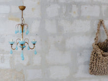 Load image into Gallery viewer, Antique Chandelier Aqua Blue Opaline Drops cup beads 1930 Murano Rare 3 lights
