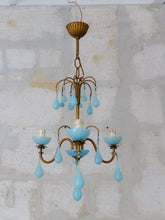 Load image into Gallery viewer, Antique Chandelier Aqua Blue Opaline Drops cup beads 1930 Murano Rare 3 lights
