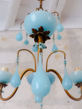 Load image into Gallery viewer, Antique Chandelier Aqua Blue Opaline Drops cup beads 1930 Murano Rare 3 lights
