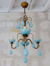 Load image into Gallery viewer, Antique Chandelier Aqua Blue Opaline Drops cup beads 1930 Murano Rare 3 lights
