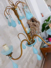 Load image into Gallery viewer, Antique Chandelier Aqua Blue Opaline Drops cup beads 1930 Murano Rare 3 lights
