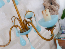 Load image into Gallery viewer, Antique Chandelier Aqua Blue Opaline Drops cup beads 1930 Murano Rare 3 lights
