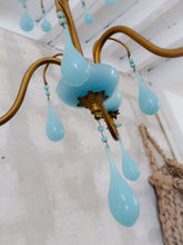 Load image into Gallery viewer, Antique Chandelier Aqua Blue Opaline Drops cup beads 1930 Murano Rare 3 lights
