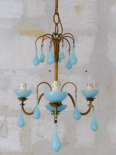 Load image into Gallery viewer, Antique Chandelier Aqua Blue Opaline Drops cup beads 1930 Murano Rare 3 lights
