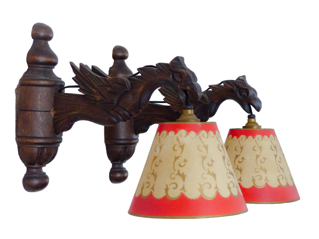 Pair Vintage French Carved Wood Gothic Chimera Wall Light Sconce Gargoye Shades