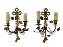 Load image into Gallery viewer, Antique Pair Wall Light Sconces Bronze Brass 1930 Porcelain Flowers Foliage
